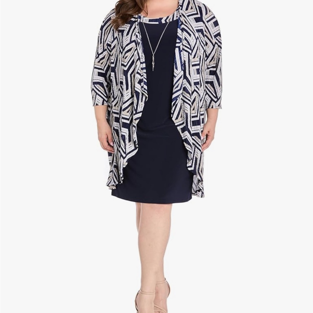 R&M Richards Navy Dress & Geometric Jacket Set – Size 14 Plus